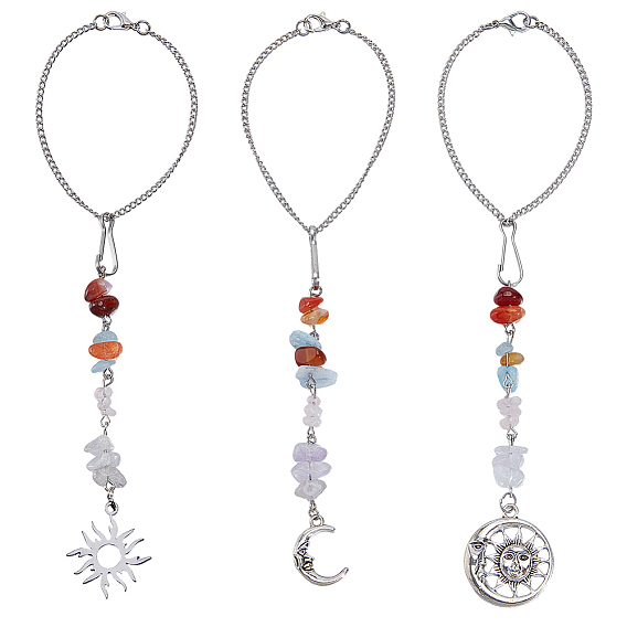3шт. 3 стили подвесные украшения из сплава и латуни, подвесные украшения для автомобиля в виде звезд и луны, с натуральным сердоликом, красным агатом, натуральным аквамарином, натуральным розовым кварцем и натуральным аметистом