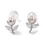 Natural Pearl and Cubic Zirconia Stud Earrings for Women, with Sterling Silver Pins, Flower