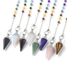 Natural & Synthetic Gemstone Hexagonal Pointed Dowsing Pendulums, with Chakra Mixed Stone and Alloy Findings, Cone/Spike, Platinum