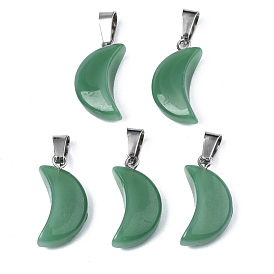 Spray Painted Glass Pendants, with Platinum Plated Brass Bails, Imitation Jade, Moon Charms