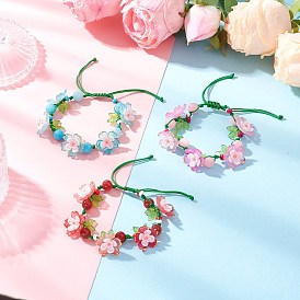 3Pcs Floral Acrylic Beads Braided Bead Bracelets for Women, with ABS Plastic & Resin Imitation Pearl Bead Caps & Dyed Natural Mashan Jade Round Beads