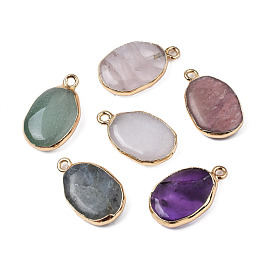 Natural Stone Pendants, with Light Gold Plated Brass Findings, Oval