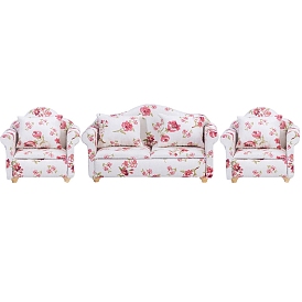 Wood & Fabric Floral Sofa Set Miniature Ornaments, Micro Landscape Home Dollhouse Accessories, Pretending Prop Decorations