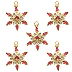 5Pcs Brass Cubic Zirconia Pendants, Long-Lasting Plated, Snowflake, Red and Clear