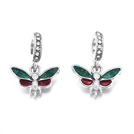 Rack Plating Alloy Enamel European Dangle Charms, Large Hole Pendants, with Crystal Rhinestone and Glitter Powder, Cadmium Free & Nickel Free & Lead Free, Butterfly, Platinum
