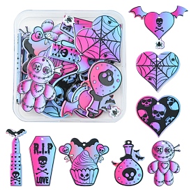 16Pcs 8 Style Halloween Printed Acrylic Pendants, Mummy/Bat/Skull/Heart/Cake Charm