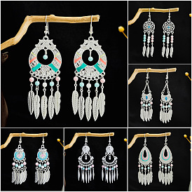 Bohemian Style Alloy Woven Feather Chandelier Earrings, Jewely for Women