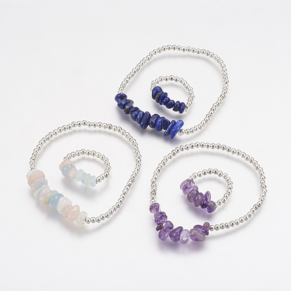 Conjuntos de joyas de piedras preciosas naturales, pulseras y anillos, con granos de cobre amarillo, el color plateado de plata