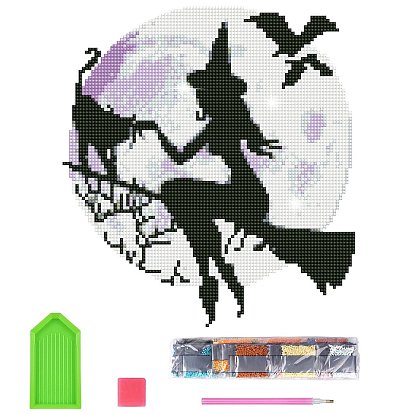 Halloween Theme DIY Diamond Painting Sticker Kits, with Resin Rhinestones, Diamond Sticky Pen, Tray Plate and Glue Clay, Witch