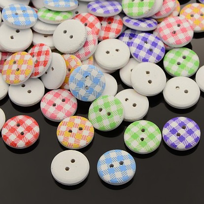 2-Hole Flat Round Tartan Pattern Printed Wooden Sewing Buttons, Dyed