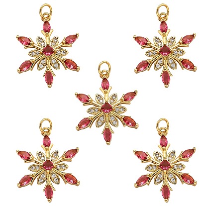 5Pcs Brass Cubic Zirconia Pendants, Long-Lasting Plated, Snowflake, Red and Clear