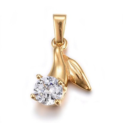 304 Stainless Steel Pendants, with Cubic Zirconia, Leaf