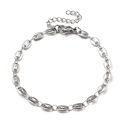 304 Stainless Steel Coffee Bean Chain Bracelets, with Lobster Claw Clasps