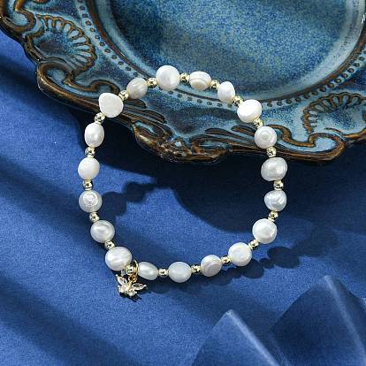 Natural Pearl Beaded Stretch Bracelets, with Brass Cubic Zirconia Butterfly Charms