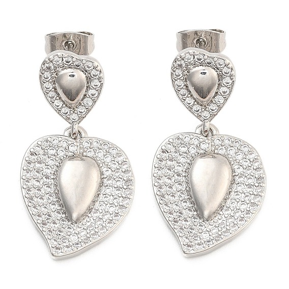 Brass Pave Cubic Zirconia Stud Earrings for Women, Heart
