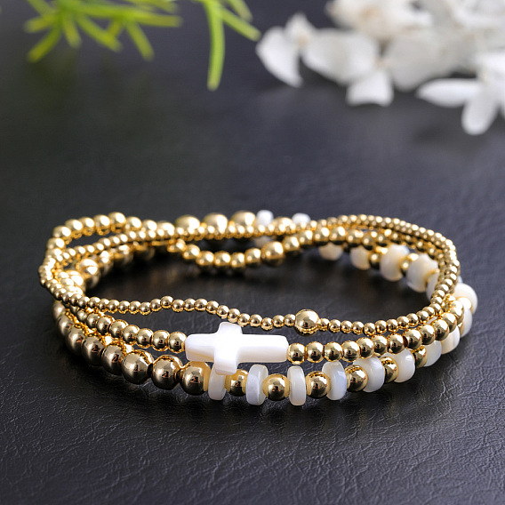 3шт 3 стили латунные круглые бусины эластичные браслеты для женщин, с оболочкой