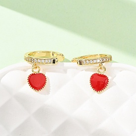 Серьги-манжеты из латуни с микропаве и прозрачными кубическими циркониями ко Дню святого Валентина, с эмалью, сердце, без кадмия и без свинца, долговечный, стойки покрытие