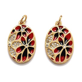 Brass Cubic Zirconia Pendants, Long-Lasting Plated, with Enamel, Oval