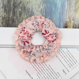 300Pcs Flower Printed Polyester Lace Hair Ties for Girls Women