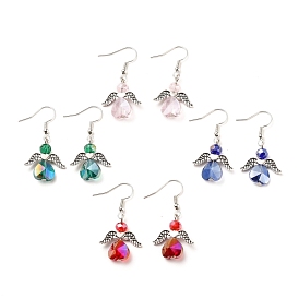 Electroplate Glass Dangle Earrings, with Wing Alloy Beads and Iron Earring Hooks, Angel, Antique Silver & Platinum