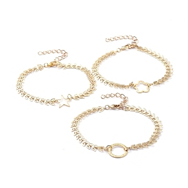 Link Bracelets, with Brass Cobs Chains & Lobster Claw Clasps & Linking Rings, Flower/Ring/Star