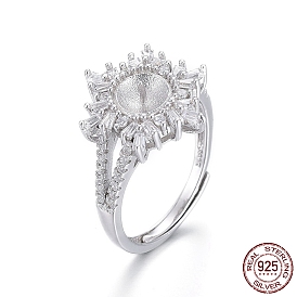 Adjustable 925 Sterling Silver Finger Design Ring Mounts Fittings with Pearl Seat, For Half Drilled Beads, with Cubic Zirconia, Flower