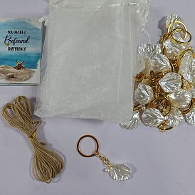 Llavero de perlas de cristal y acrílico con forma de hoja, con llaveros de aleación divididos, tarjeta de papel, cordón de yute, Bolsas de organza