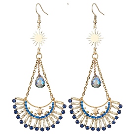 Synthetic Blue Spinel & Glass Dangle Earrings, with 304 Stainless Steel Earring Hooks, Moon