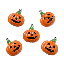 Halloween Opaque Resin Pendants, with Platinum Tone Iron Loops, Pumpkin with Evil Face