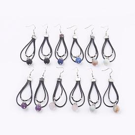 Cowhide Leather Cord Dangle Earrings, with Frosted Natural Gemstone Charms, Brass Earring Hooks and Iron & Alloy Findings, Drop