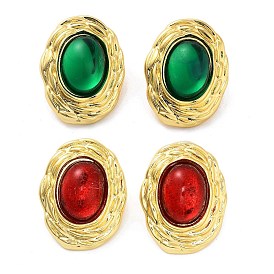 Rack Plating Oval Brass Stud Earrings, with Plastic, Lead Free & Cadmium Free, Long-Lasting Plated