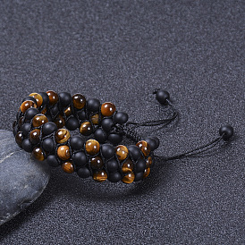 Natural Tiger Eye Matte Stone Braided Bracelet with Adjustable Beaded Layers