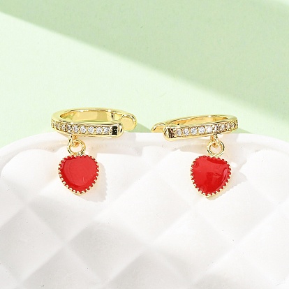 Серьги-манжеты из латуни с микропаве и прозрачными кубическими циркониями ко Дню святого Валентина, с эмалью, сердце, без кадмия и без свинца, долговечный, стойки покрытие