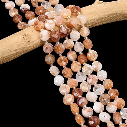 Нити из натурального красного гематоидного кварца/железистого кварца, граненый шестиугольный разрез, плоско-круглые, с бисером