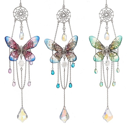 3шт. 3цвета, подвеска-ловец солнца в виде бабочки из нержавеющей стали и смолы, Подвесное украшение в виде призмы из стеклянного хрусталя с бусинами в форме капель для украшения окон и сада.
