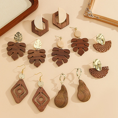 Alloy Wood Stud Dangle Earrings, Golden