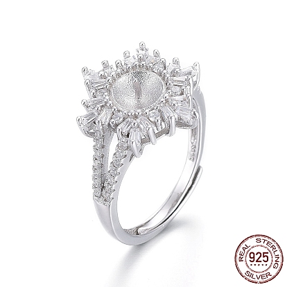 Adjustable 925 Sterling Silver Finger Design Ring Mounts Fittings with Pearl Seat, For Half Drilled Beads, with Cubic Zirconia, Flower