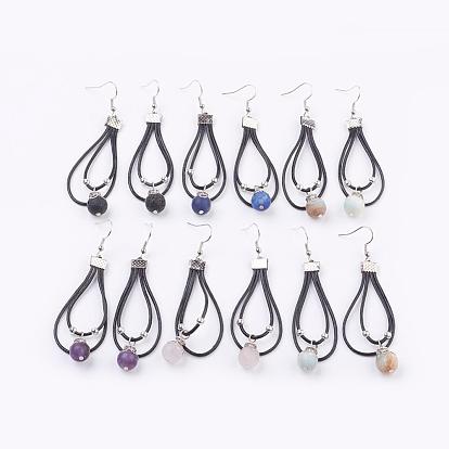 Cowhide Leather Cord Dangle Earrings, with Frosted Natural Gemstone Charms, Brass Earring Hooks and Iron & Alloy Findings, Drop