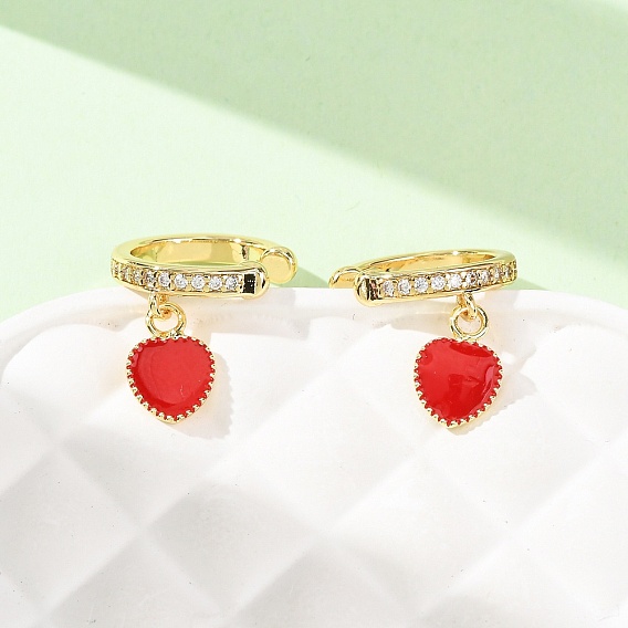 Серьги-манжеты из латуни с микропаве и прозрачными кубическими циркониями ко Дню святого Валентина, с эмалью, сердце, без кадмия и без свинца, долговечный, стойки покрытие