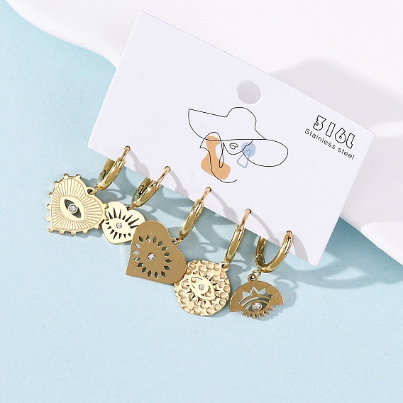 5 шт. 304 серьги-кольца из нержавеющей стали с кристаллами и стразами, сердцевидные, плоские, круглые и полукруглые