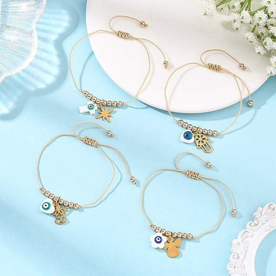 Religion Natural Shell Enamel Evil Eye and Stainless Steel Charm Nylon Cord Braided Bracelets, Golden, Mixed Color