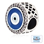 Sterling Silver European Beads, with Cubic Zirconia and Enamel, Flat Round with Evil Eye, Platinum