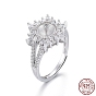 Adjustable 925 Sterling Silver Finger Design Ring Mounts Fittings with Pearl Seat, For Half Drilled Beads, with Cubic Zirconia, Flower