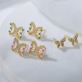 18K Gold Plated Copper Butterfly Earrings with Zircon Stones for Women