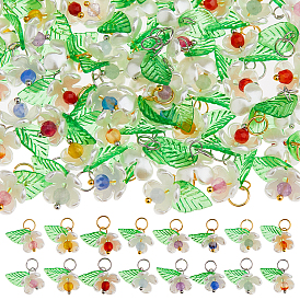 64 шт 16 стили натуральные смешанные драгоценные камни цветы подвески, с имитацией жемчуга из АБС-пластика и акриловыми листьями, смешанные окрашенные и неокрашенные