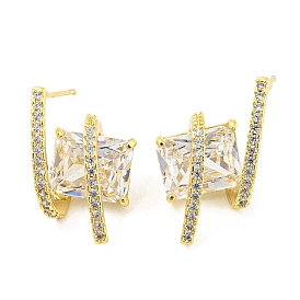 Clear Cubic Zirconia Stud Earrings, Brass Jewelry for Women