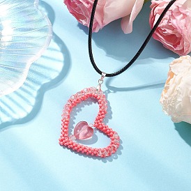 Valentine's Day Glass Seed Beads Beaded Heart Pendant Necklaces, Imitation Leather Cord Necklaces for Women