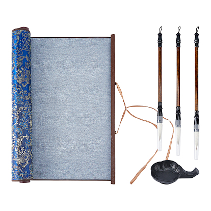 Ensemble de pinceaux de calligraphie chinoise, inclure du tissu de calligraphie en polyester, 3 pinceaux en bois et repose-encreur en plastique