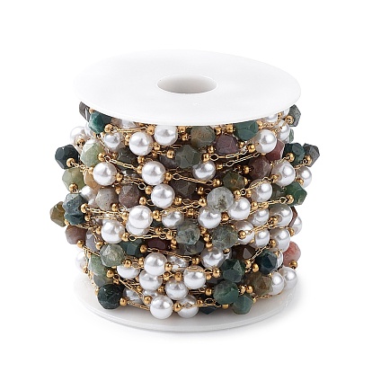 304 Stainless Steel Link Chains, with Glass Imitation Pearl & Indian Agate Beads & Spool, Unwelded