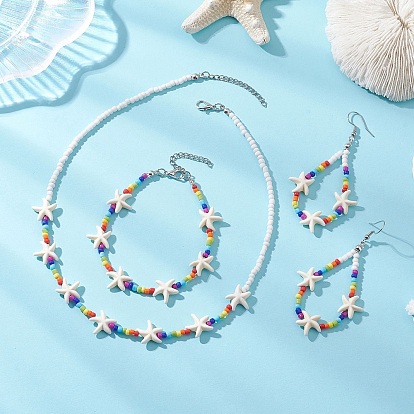 Браслеты, серьги и ожерелья из синтетической бирюзы и стеклянных бусин в виде морской звезды, 304 комплекты ювелирных изделий из нержавеющей стали и цинкового сплава